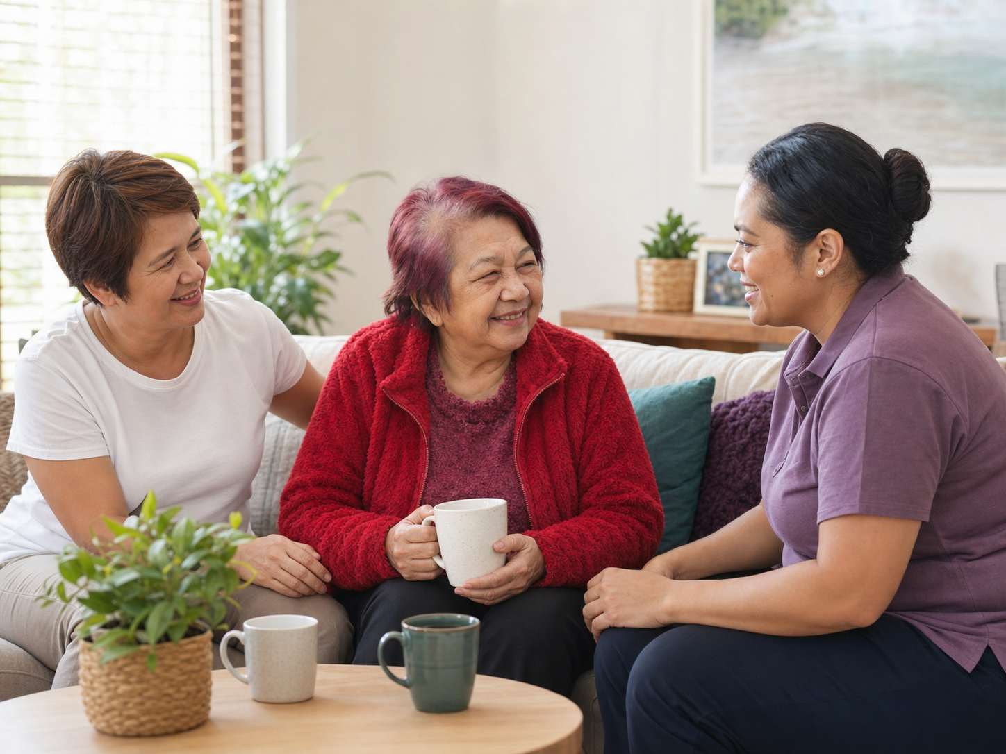 Older woman in a red cardigan sharing tea with family and a care professional at home