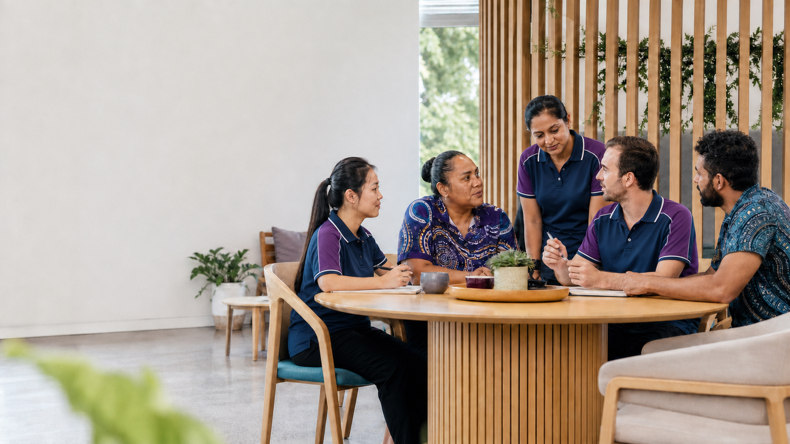 Diverse Australian home care team collaborating in company-colour polo uniforms