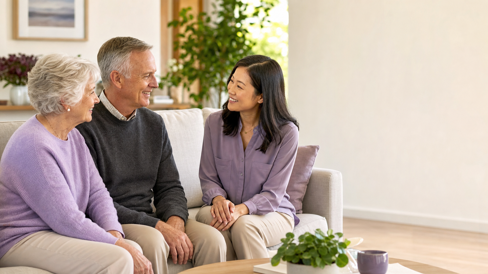 Two older clients speaking with a female Asian care supporter at home