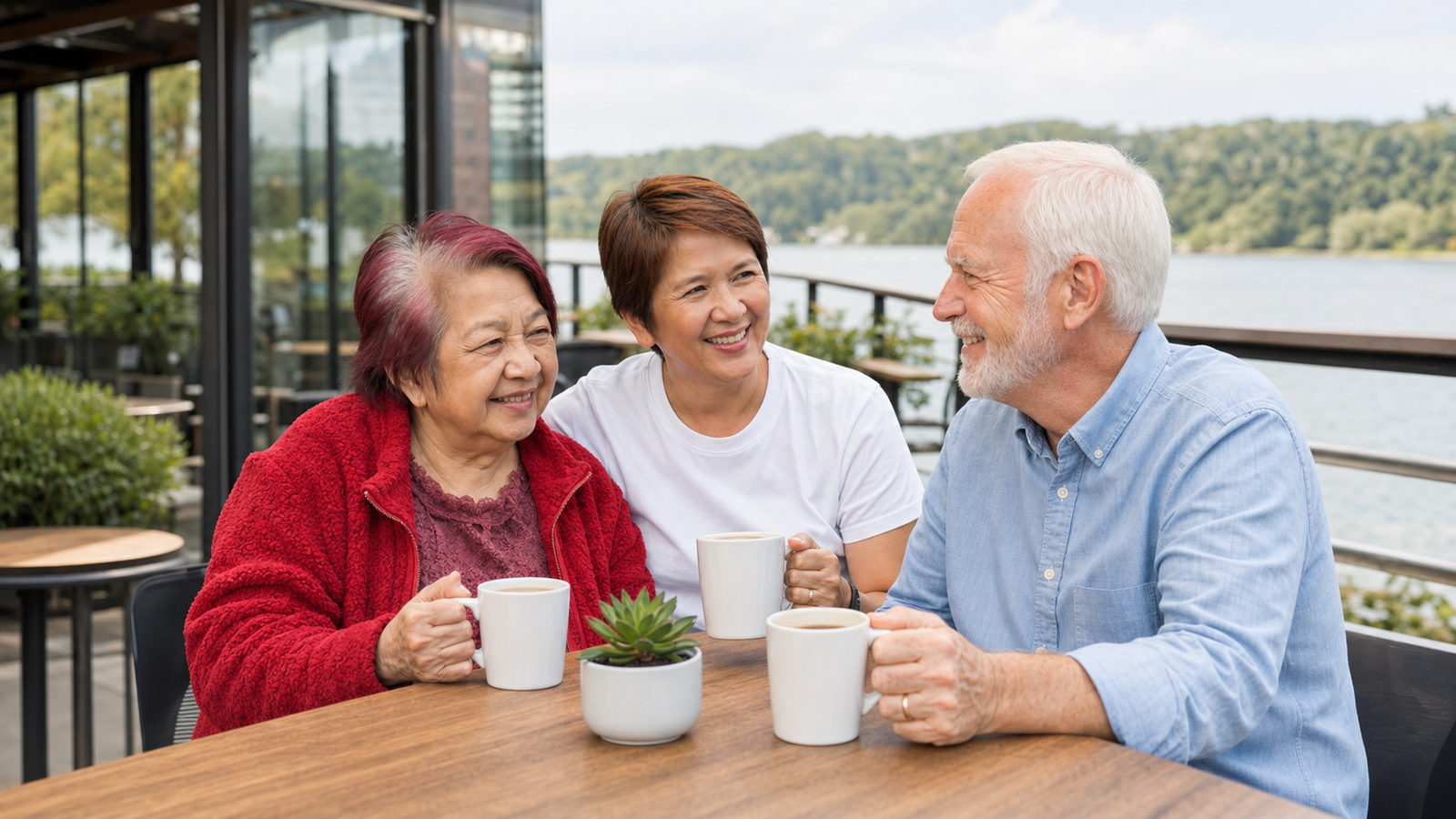 Older people enjoying a conversation over tea with a care worker