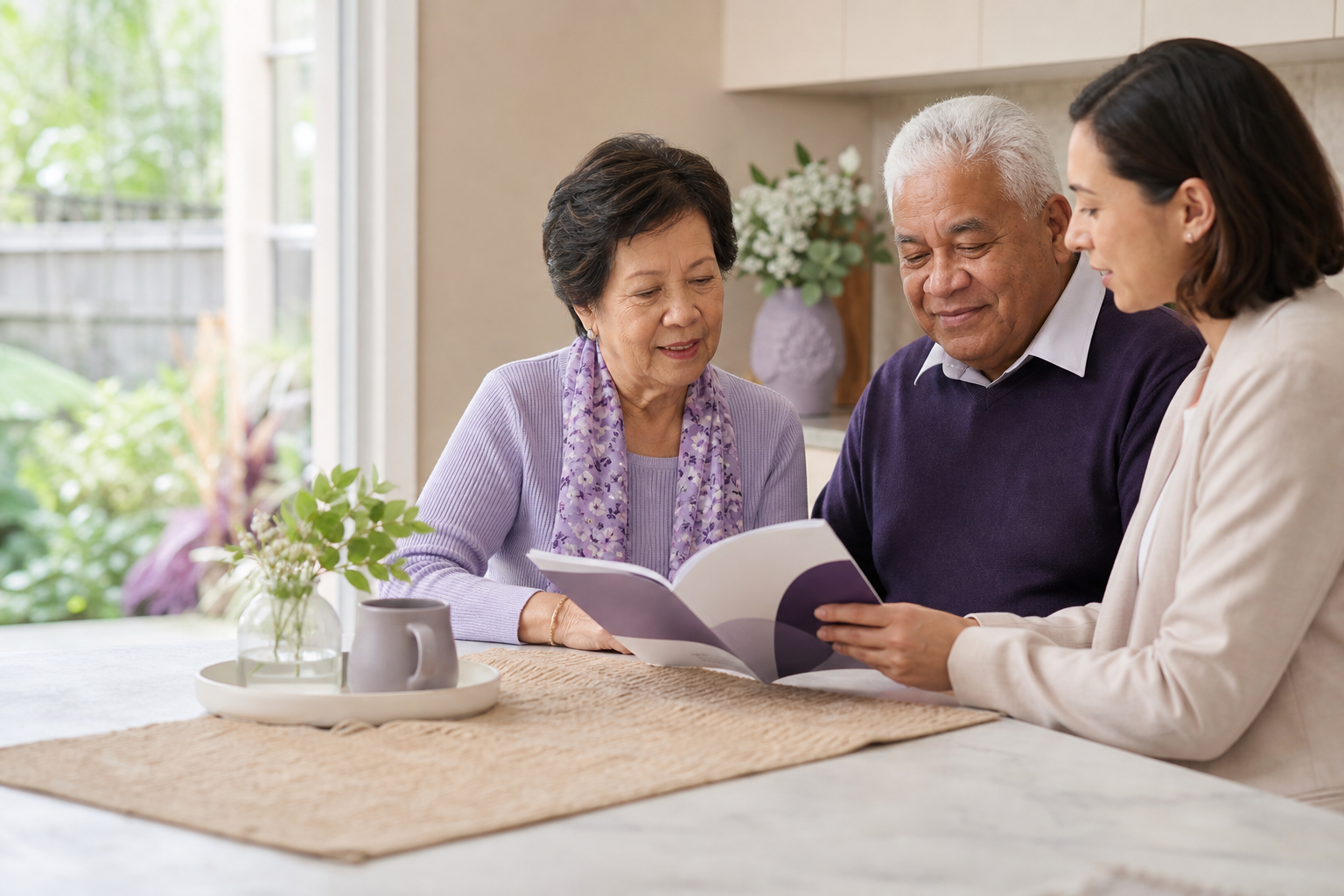 Older Australians reviewing aged-care information with a care coordinator