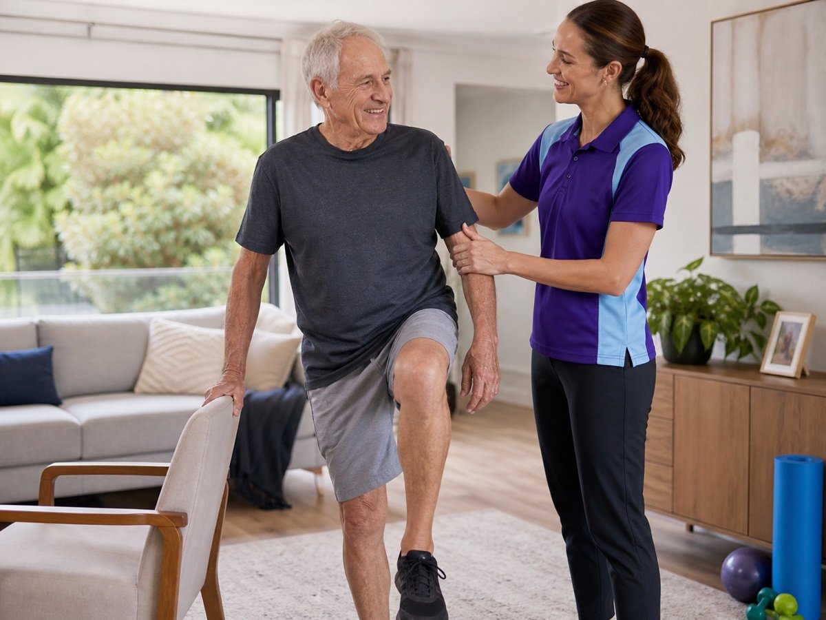 A health professional helping an older client with a balance exercise at home