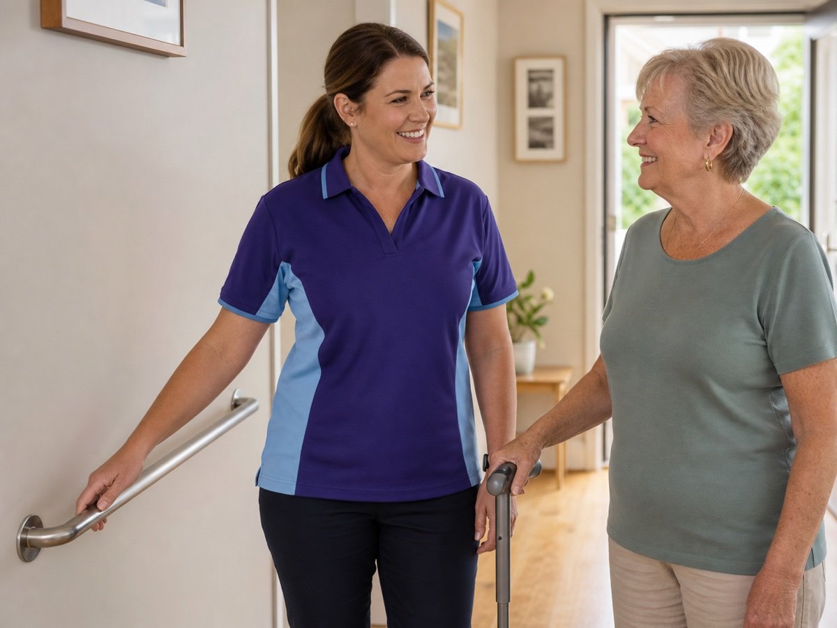 A worker and older client discussing equipment that makes the home safer