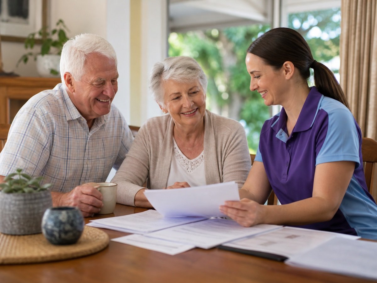 A care coordinator reviewing a support plan with an older couple