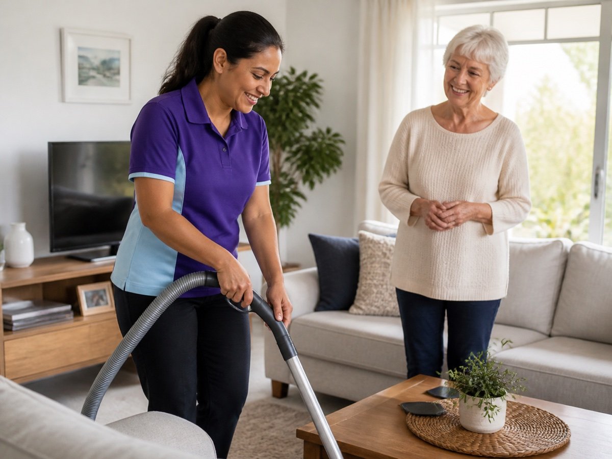 A support worker helping an older client keep the home clean