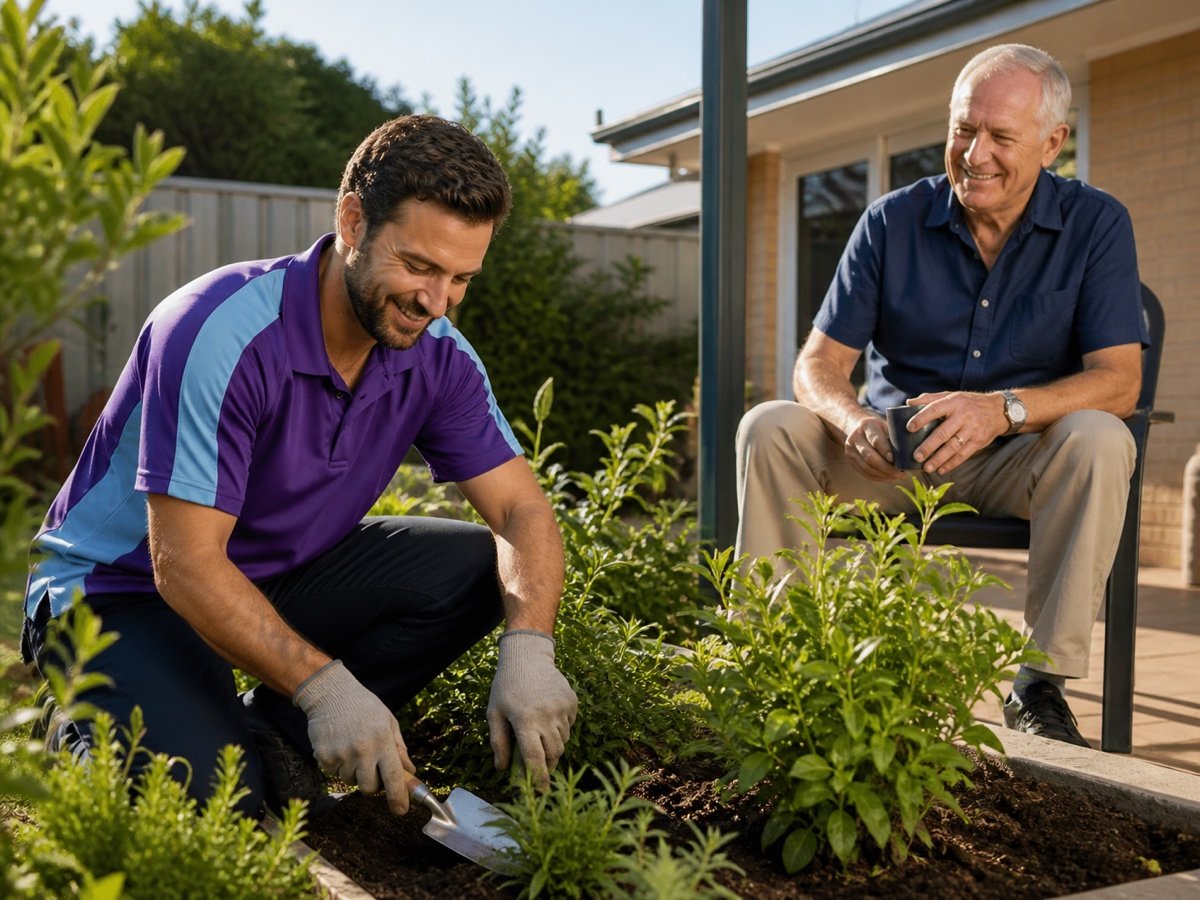 A support worker helping an older client with light gardening