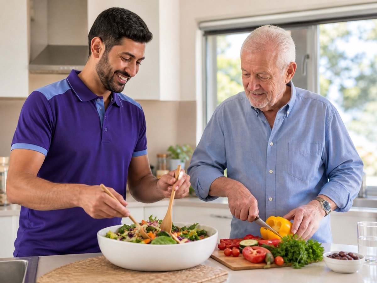 A support worker and older client preparing a healthy meal together