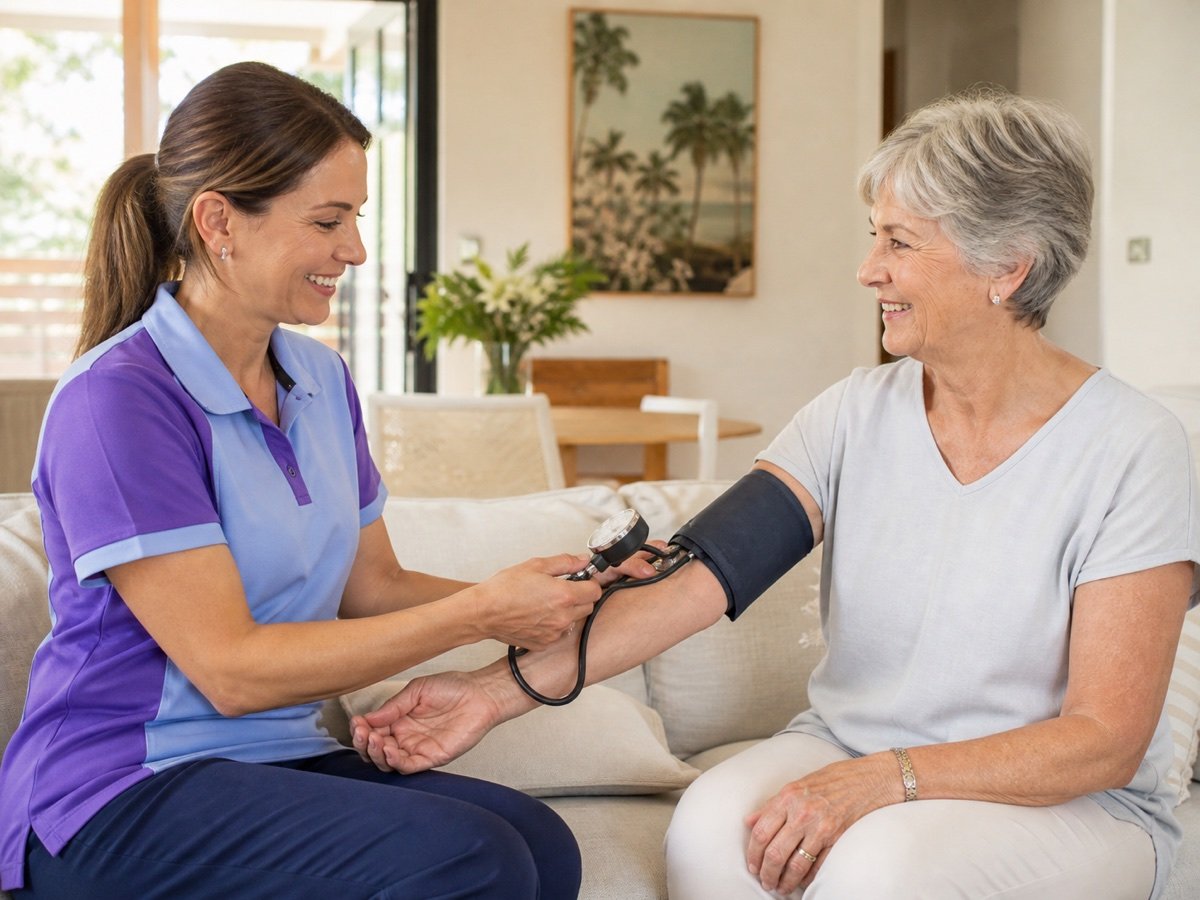 A home-care nurse checking an older client’s blood pressure
