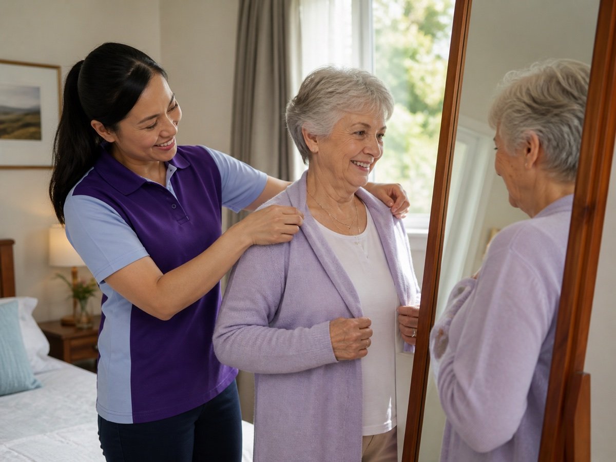 A support worker respectfully helping an older client prepare for the day