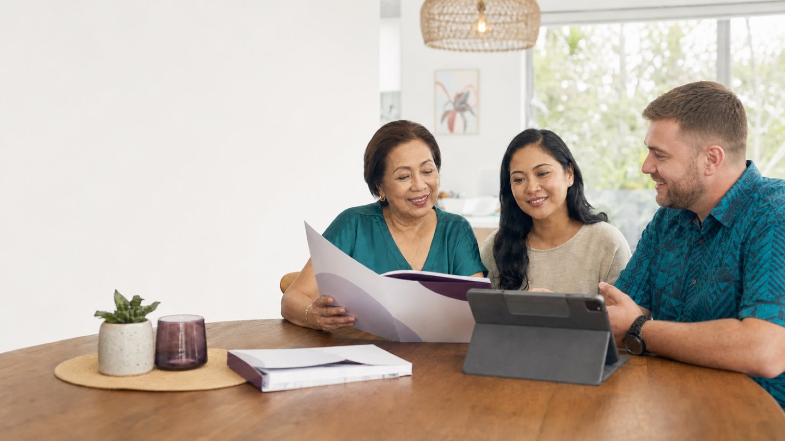 An older woman and family member reviewing aged care information with an adviser.