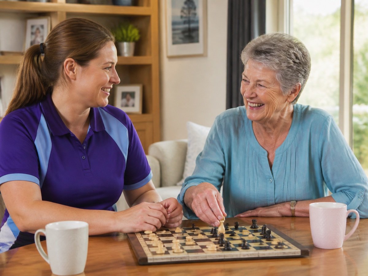 A support worker and older client enjoying a relaxing activity together