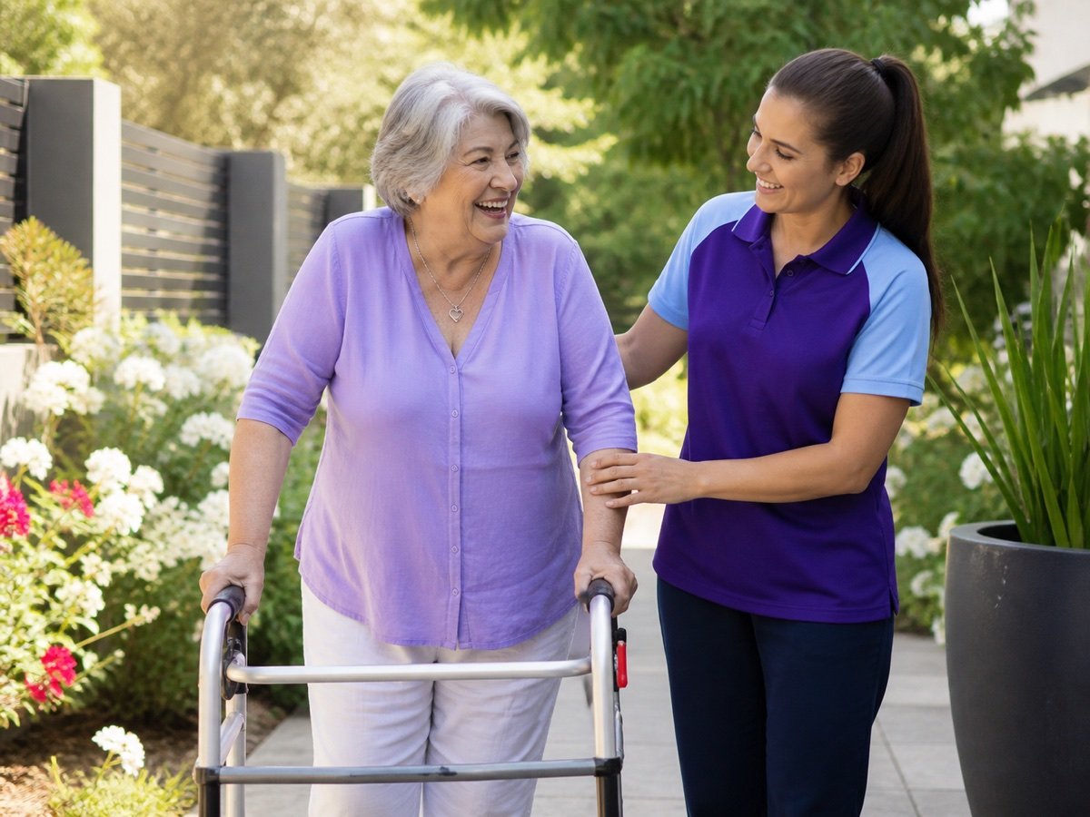 A support worker helping an older client practise walking outdoors