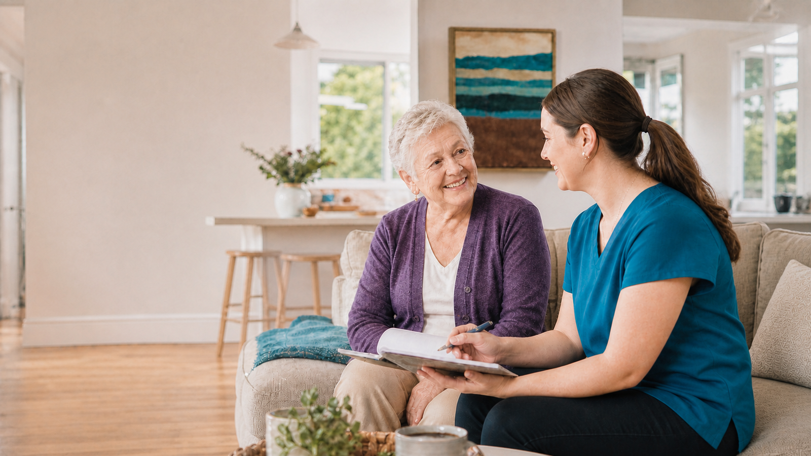 Older Caucasian woman smiling with a Caucasian care professional while discussing support at home