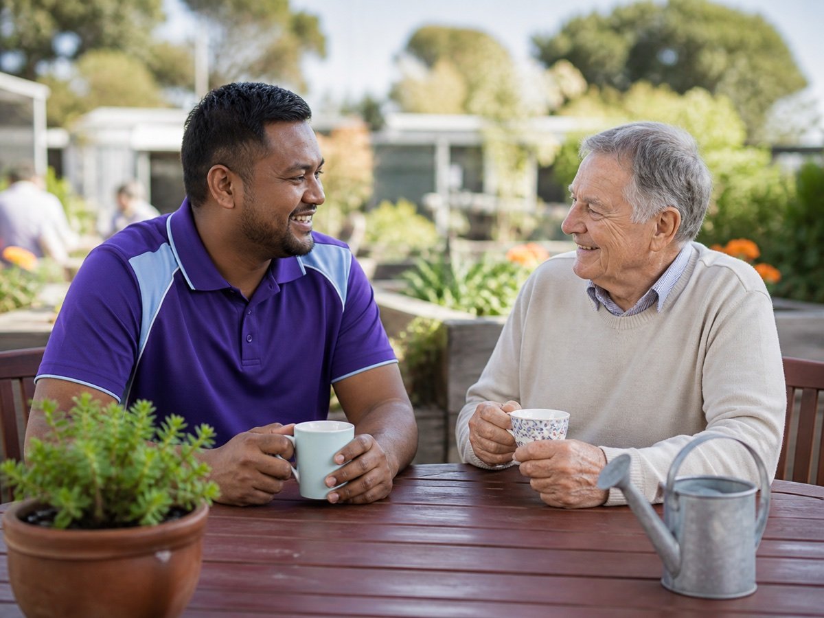 A support worker and older client enjoying time together outdoors