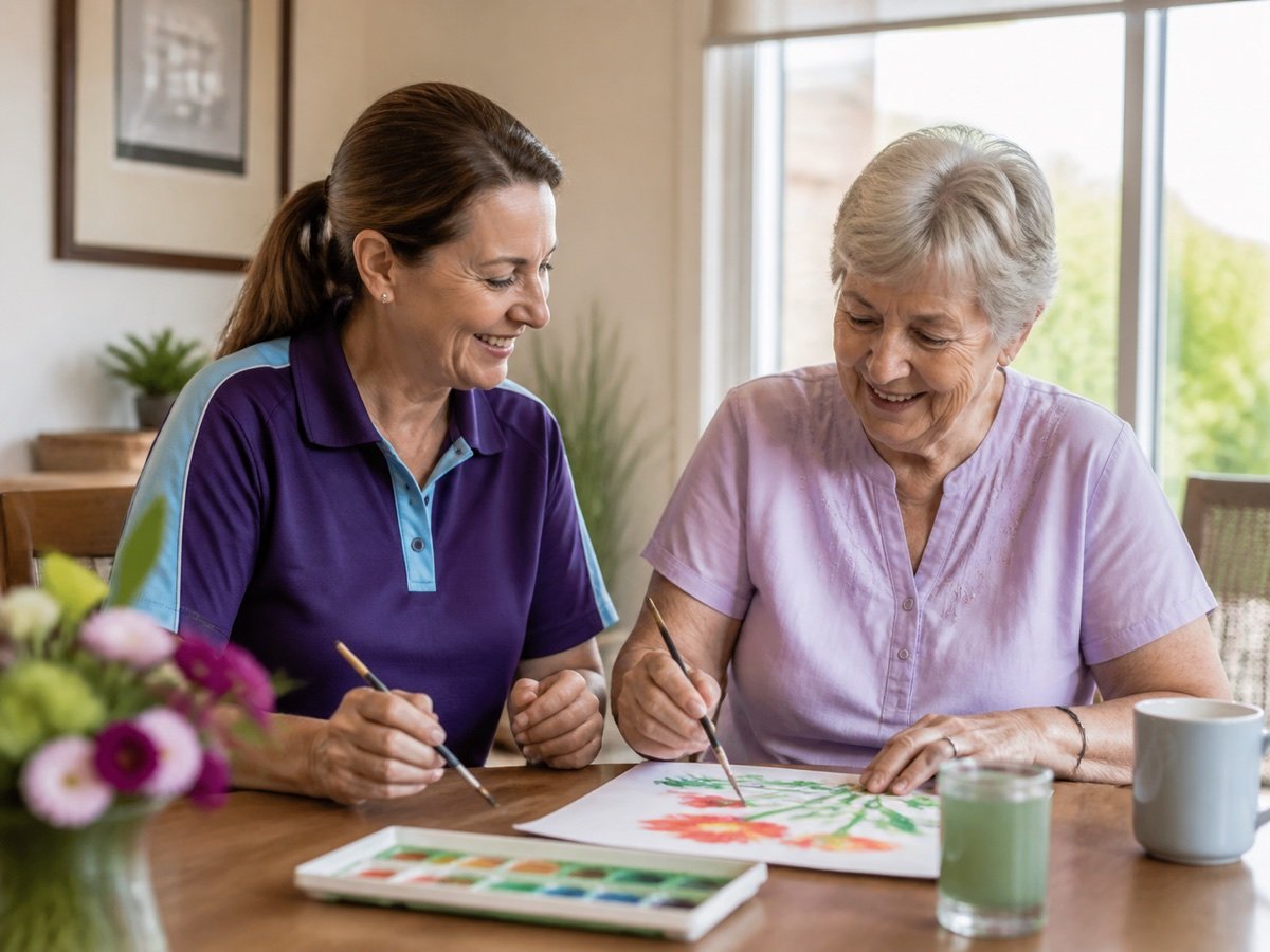A therapist and older client enjoying a creative activity at home
