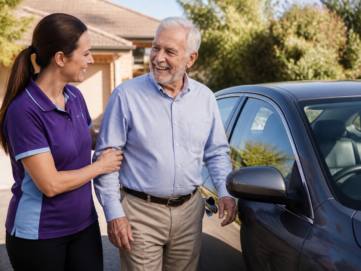 A support worker helping an older client prepare for a community outing
